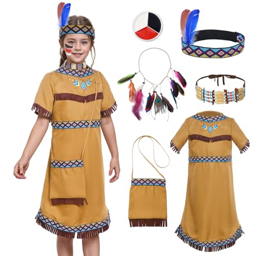 Amycute Indianer Kostüm Kinder Mädchen, Karneval Kostüm Heimisch Indisch Outfit mit Zubehör Kopfschmuck Feder, Faschingskostüme Kleid Mädchen für Karneval Party Cosplay (110) von Amycute