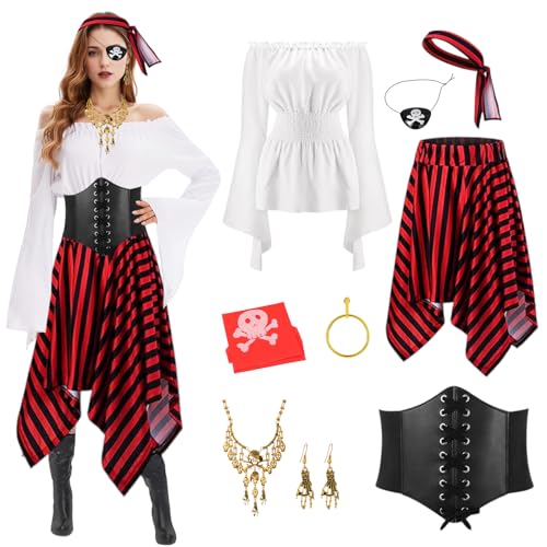 Amycute Piratenkostüm Damen, Piratin Kostüm Damen, Mittelalter Kostüm Damen, Piratenkostüm Damen Kleid, mit Partyhalstuch Zubehör, für Karneval Fasching kostüm Damen (2XL) von Amycute