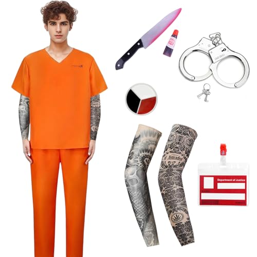 Amycute Prisoner Costume, Gefängnis Kostüm Orange, Häftling Kostüm Herren, Halloween Kostüm, Faschingskostüme, Karneval kostüm (Style A, L) von Amycute