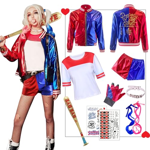 Amycute Quinn Cosplay Kostüme für Erwachsene, Mädchen Bösewicht Suicide Kostüm Kit enthalten Jacke, T-Shirt, Shorts und Handschuh für Halloween Karneval Cosplay (Erwachsene, M) von Amycute