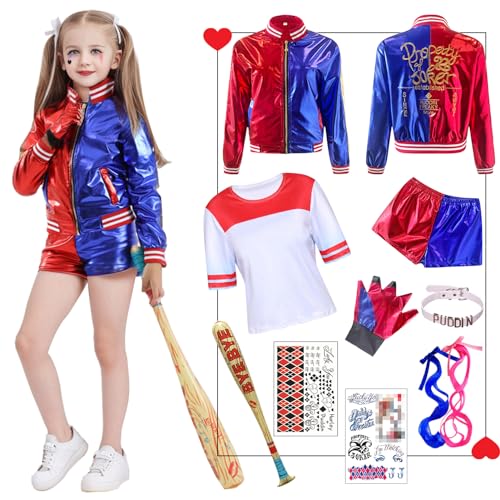 Amycute Quinn Cosplay Kostüme für Erwachsene, Mädchen Bösewicht Suicide Kostüm Kit enthalten Jacke, T-Shirt, Shorts und Handschuh für Halloween Karneval Cosplay (Kinder, 110) von Amycute