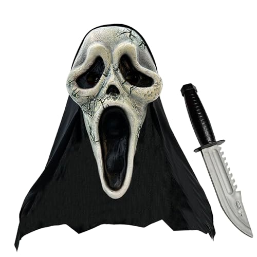 Amycute Screaming Ghost Gesichtsmaske mit Fake Blood Prop Messer, Halloween Gruselige Horror Maske Gruselige Halloween Screaming Ghost Gesichtsmaske von Amycute