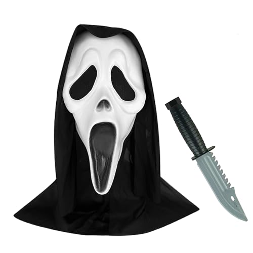 Amycute Screaming Ghost Gesichtsmaske mit Requisitenmesser, Halloween Gruselige Horror Maske Gruselige Halloween Screaming Ghost Gesichtsmaske von Amycute