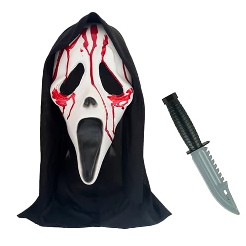 Amycute Screaming Ghost Gesichtsmaske mit Requisitenmesser, Halloween Gruselige Horror Maske Gruselige Halloween Screaming Ghost Gesichtsmaske von Amycute