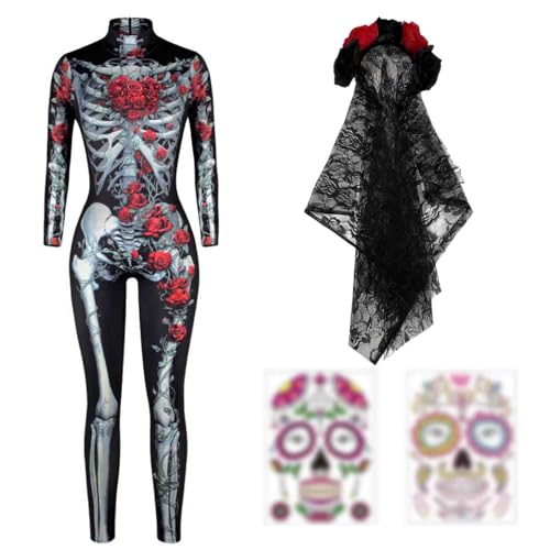 Amycute Skelett Kostüm Damen, Halloween Skelett Jumpsuit Damen, Halloween Karneval Kostüm Amycute Skelett Kostüm Damen, Halloween Skelett Jumpsuit Damen, Halloween Karneval Kostüm von Amycute