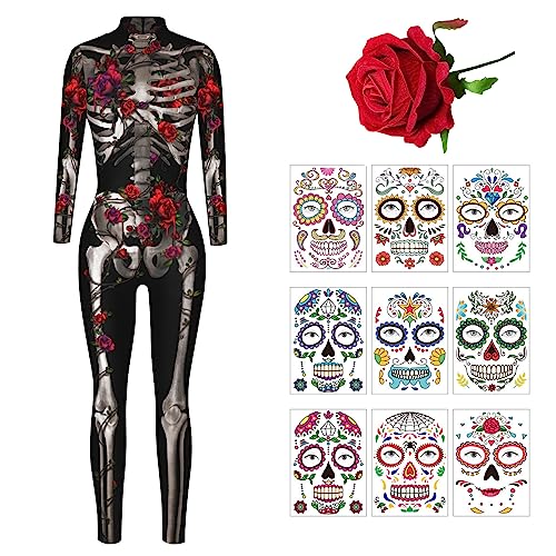 Amycute Skelett Kostüm Damen, Skelett Halloween Kostüm, Kostüm Skelett Damen, Halloween Jumpsuit Damen, Skelett Jumpsuit Damen, Halloween Karneval Kostüm für Erwachsene (Style B, L) von Amycute