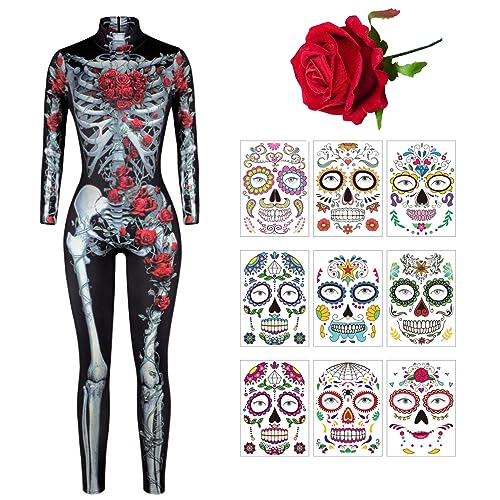 Amycute Skelett Kostüm Damen, Skelett Halloween Kostüm, Kostüm Skelett Damen, Halloween Jumpsuit Damen, Skelett Jumpsuit Damen, Halloween Karneval Kostüm für Erwachsene von Amycute