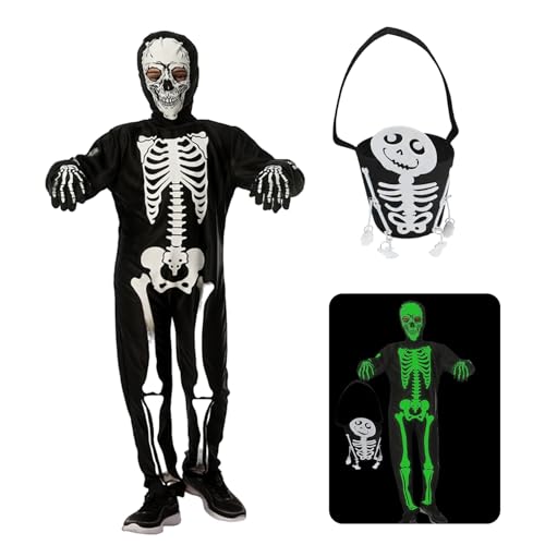 Amycute Skelett Kostüm Kinder, Glow in the Dark Skelett Halloween Kostüm Kinder, Faschingskostüme, Karneval kostüm (L) von Amycute