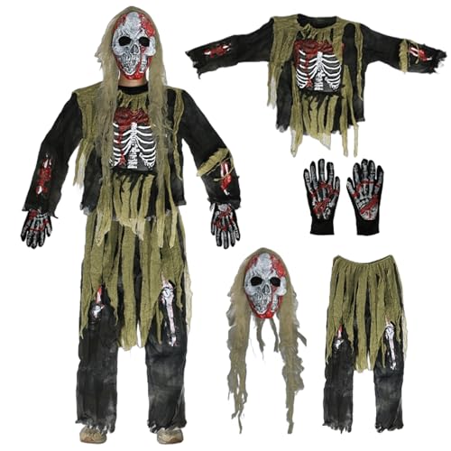 Amycute Skelett Kostüm Kinder, Zombie Kostüm Kinder, Halloween Kostüm Kinder Zombie, Halloween Kostüm Kinder Skelett, Faschingskostüme, Karneval Kostüm, für Cosplay, Karneval Party. (Style A, M) von Amycute