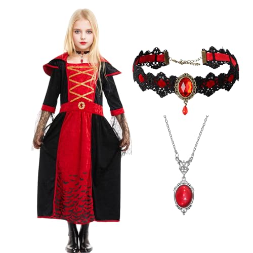 Amycute Vampir Kostüm Mädchen, Vampir Kleid mit Halskette, Gothic Vampir Queen Dress, Halloween Kostüm Mädchen, Faschingskostüme für Karneval Party Cospla (Style A, L) von Amycute