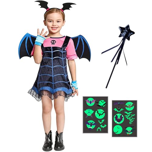 Amycute Vampirina Kostüm für Kinder, Vampirkleid mit Fledermausflügeln, Kopfbedeckung, Handschuhe, Zauberstab, Mädchen, Halloween, Cosplay, Verkleidung, Cosplay, Partykleid (100) von Amycute