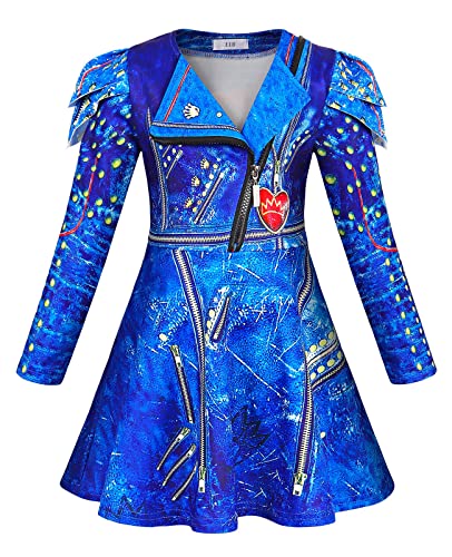 AmzApparel Evie-Kostüm für Mädchen, Drache, beliebte Musik-Cosplay-Kleidung, Kostüm, Kinder, Halloween-Outfits, lange Ärmel, Kleider, Größe 8 (7–8 Jahre, Blau, 130) von AmzApparel