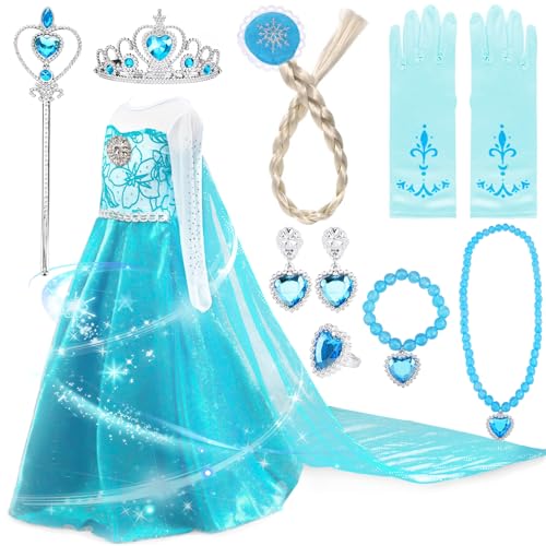 Amzeeniu Elsa Kostüm Mädchen,11 Stück Elsa Anna Prinzessin Kleid Prinzessin Kostüm,elsa kleid mit Krone Diadem Handschuhe Zauberstab für Weihnachten Verkleidung Karneval Halloween Geburtstag 110 von Amzeeniu