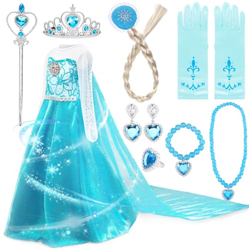 Amzeeniu Elsa Kostüm Mädchen,11 Stück Elsa Anna Prinzessin Kleid Prinzessin Kostüm,elsa kleid mit Krone Diadem Handschuhe Zauberstab für Weihnachten Verkleidung Karneval Halloween Geburtstag 130 von Amzeeniu