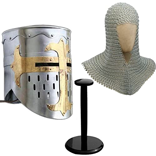 AnNafi® Mittelalterlicher Templer Kreuzritterhelm Nachbildung + Aluminium-Kettenmast Coif + Holzhelm-Ständer | Ritterkreuz Kostüm Templer Reenactment Cosplay Griechische Römische Spartanische Rüstung | Mittelalterliche Kostüme von AnNafi