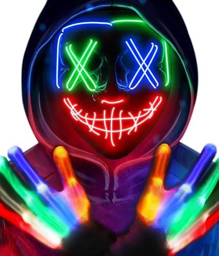 AnanBros Halloween Kostüm, Horror LED Halloween Maske Totenkopf Handschuhe Kostüm für Herren, leuchten 6 Modi LED Glühhandschuhe, LED Scream Ghostface Maske für Damen Kinder Jungen Teenager von AnanBros