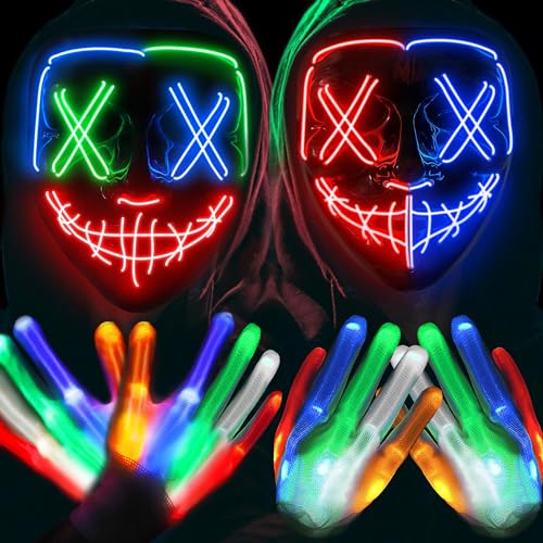 AnanBros Horror LED Halloween Maske Totenkopf Handschuhe Kostüm Herren, leuchten 6 Modi LED Glühhandschuhe, LED Scream Ghostface, Kinder Jungen Teenager von AnanBros