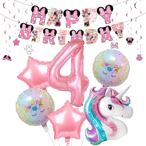 Luftballons Geburtstag 4 Jahre, Luftballons 4. Geburtstag Mädchen, Minnie Party Supplies Mit Balloons Banner Spiral, Minnie Kindergeburtstag Luftballons für Kinder Geburtstag Party Dekoration von Anbobili