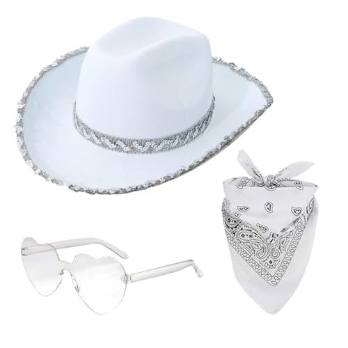 Ancsttu Cowgirl Hut Set, Cowgirl Hüte Mit Herz Brille Und Kopftuch Cowboy Hut Für Damen Cowboyhut Western Cowboyhut Für Faschingsaccessoires, Karneval, Halloween von Ancsttu