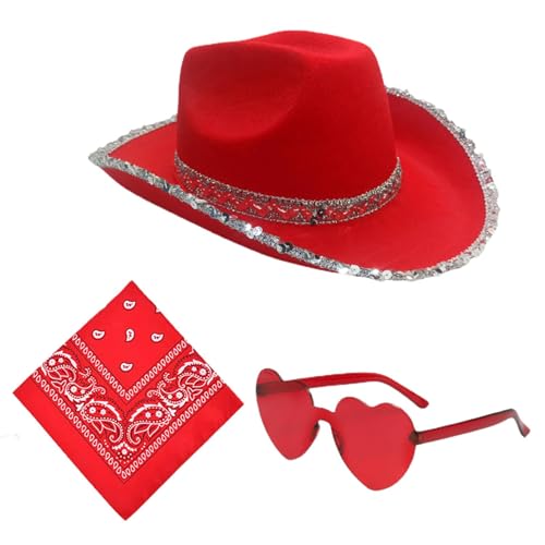 Ancsttu Cowgirl Hut Set, Cowgirl Hüte Mit Herz Brille Und Kopftuch Cowboy Hut Für Damen Cowboyhut Western Cowboyhut Für Faschingsaccessoires, Karneval, Halloween von Ancsttu