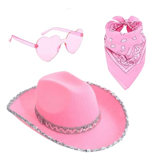 Ancsttu Cowgirl Hut Set, Cowgirl Hüte Mit Herz Brille Und Kopftuch Cowboy Hut Für Damen Cowboyhut Western Cowboyhut Für Faschingsaccessoires, Karneval, Halloween von Ancsttu