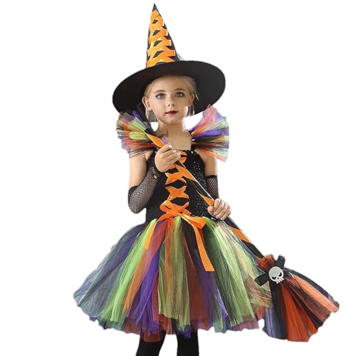 Ancsttu Hexen-Halloween-Kostüm für Kinder, Hexenkostüm für Kinder, Hexenkleid Kostüm Kostüm, Verkleiden Sie sich als Halloween-Kostüm mit Hexenhut und Besen für Mädchen von Ancsttu