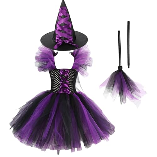 Ancsttu Hexenkostüm für Kinder, Hexenkostüm für Mädchen,Tutu Kleid Hexenkleid - Verkleiden Sie sich als Halloween-Kostüm mit einem Hexenhut-Besen für eine Rollenspielparty von Ancsttu