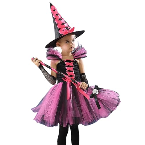 Ancsttu Hexenkostüm für Kinder,Hexenkostüm für Mädchen - Hexenkleid Tutu Kleid Kostüm Kostüm,Verkleiden Sie sich als Halloween-Kostüm mit Hexenhut und Besen für Mädchen von Ancsttu