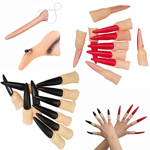 Ancuioyz 12-teiliges Set Halloween Hexenfinger，aus Zombie-Vampirnägeln, Hexennase, falscher Nase, Marionetten-Langnase, Pinocchio-Kostüm-Cosplay-Partyzubehör von Ancuioyz