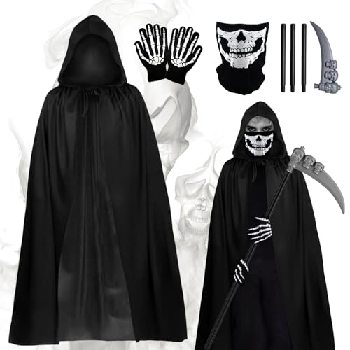 Ancuioyz 4 Stück Halloween Cosplay Umhang Set, 140cm Cosplay Sensenmann Kostüm Totenkopf Maske, Handschuhen, Sense, Schwarzer Umhang Halloween Dekoration Sensenmann Kostüm von Ancuioyz