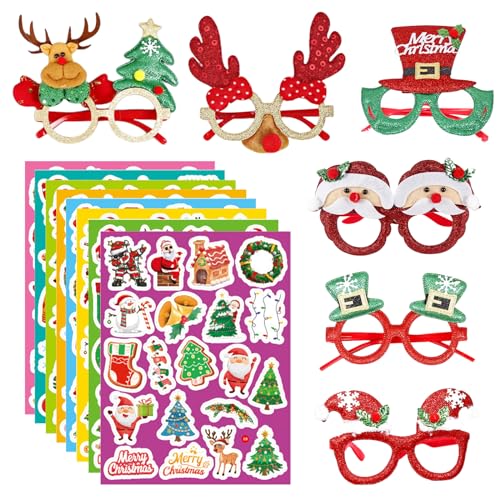 Ancuioyz 6 Stück Weihnachtsbrillen, 8 Bögen mit 160 individuell Weihnachtsaufklebern Cartoon Kinder Partybrillen Weihnachtsbrillen Rahmen Kreative Brillen Set, christmas decorations Party Gläser von Ancuioyz