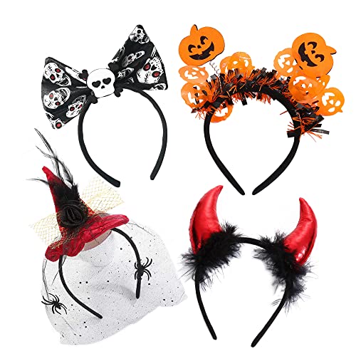 Ancuioyz Halloween Stirnband, 4 Stück Hexenhut Haarschmuck Kinder Hexenhut Haarreif Set Kinder Damen Elastisches Stirnband, Spinnennetz Kürbis, Halloween Deko für Gruselige Mottopartys von Ancuioyz