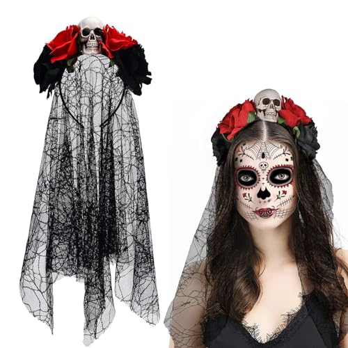 Ancuioyz Totenkopf Kostüm Schleier Blumen Stirnband, künstlicher Rosen Blumen Kopfschmuck Ostern, Stirnband Skelett Halloween Stirnband Damen, Halloween Party Kostüm Kopfbedeckung von Ancuioyz