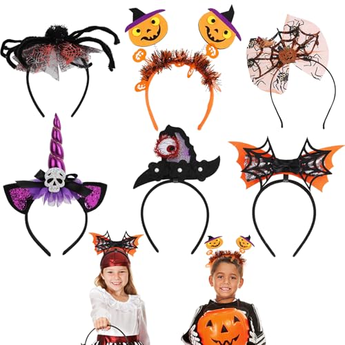 Halloween Stirnband, 6 Stück Spider Headband Fledermäuse, Kürbisse, Teufelshörner Cosplay Headband, Halloween Party Dekorations Stirnbänder Maskerade Stirnband, Haarschmuck Set für Kinder mit Hexenhut von Ancuioyz