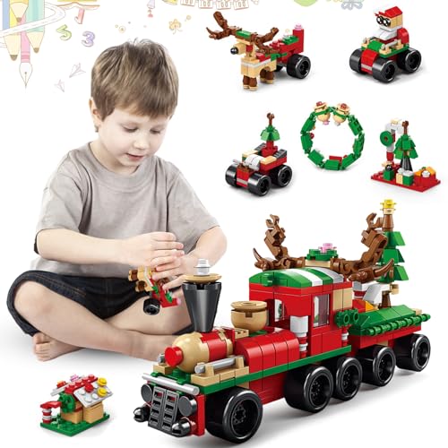 Weihnachtliches Bauspielzeug, 6 in 1 Weihnachtsmann, Elchauto Bausteine Bausteine zur Anordnung Kleiner Partikel, Mini Weihnachtsbausteine Weihnachtsspielzeug für Kinder von Ancuioyz