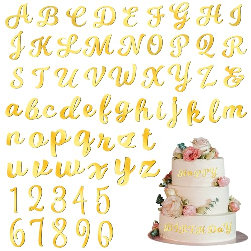 Andibro 64 Stück Tortendeko Buchstaben Gold Acryl, Buchstaben für Torte Zahlen 0-9 und A-Z Großbuchstaben Kleinbuchstaben set personalisierte Acryl Spiegelbuchstaben für Geburtstag Hochzeits Party von Andibro