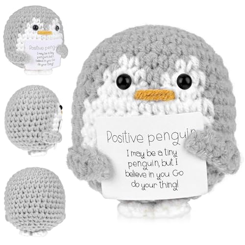 Andibro Lustiger Positiver Pinguin,6,5cm Mini Süßes Gestricktes Pinguin Spielzeug mit Positiver Karte Wolle Gestrickte Spielzeuge Gehäkelt Puppengeschenk für Freunde Ermutigung Party Dekoration(grau) von Andibro