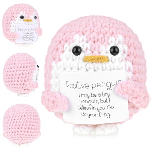 Andibro Lustiger Positiver Pinguin,Mini Süßes Gestricktes Pinguin Spielzeug mit Positiver Karte Emotionaler Unterstützungs Häkelpuppe für Familie Freunde Party Heimdekoration(Rosa) von Andibro