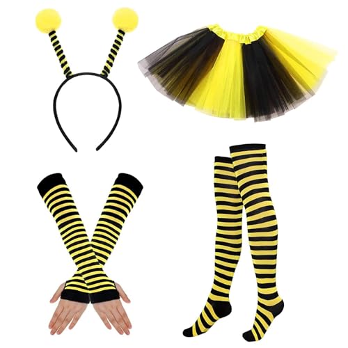 Andiwa Bienen Kostüm Damen Faschingskostüme Biene Für Erwachsene Karneval Kostüm Haarreif Tüll Rock Gestreifte Überkniestrümpfe Lange Handschuhe Fasching Kostüm Damen Karneval Verkleidung von Andiwa