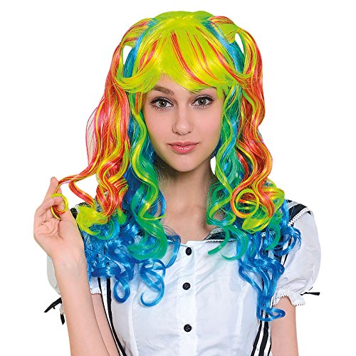 Multicolor Manga Girl Perücke Curly für Erwachsene zum Cosplay Anime Kostüm von Elbenwald