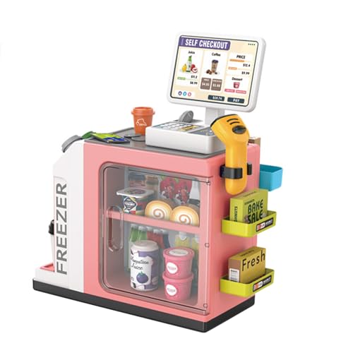 Andux Pretend Play Cash Register Toy Set mit Wasserauslauffunktion, Scanner und Rechner, Kaffeemaschine, Geld Spielen, Lebensmittelspielzeug CSSMJ-01 (Rosa) von Andux