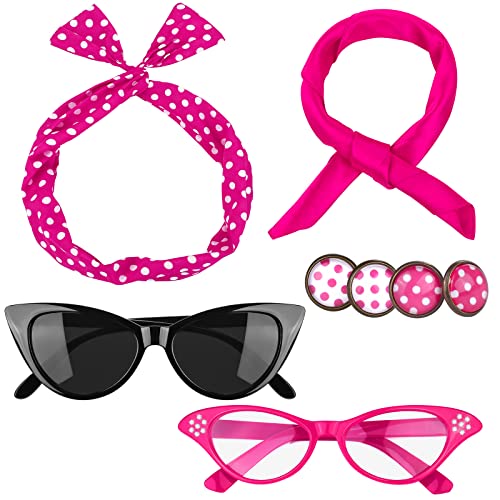 Aneco 6 Stücke 50er Jahre Kostüm Zubehör Set 1950 Kostüm Accessoires Inklusive Chiffon Schal Cat Eye Brille Bandana Krawatte Stirnband Drop Dot Ohrringe von Aneco