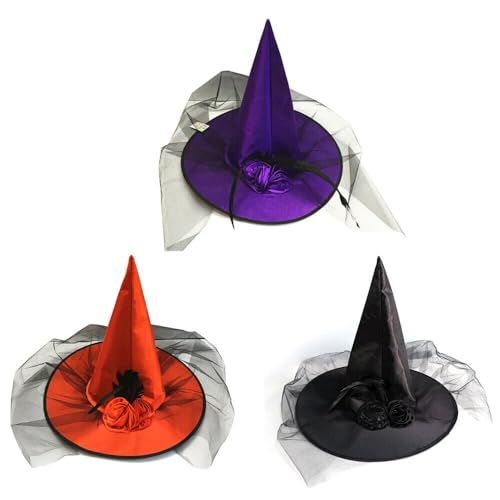 3 Stück Rose Mesh Halloween Hexenhut, Hexenhüte für Erwachsene Karnevalshut Spitzhut, Hexen Zubehör Hexenhut Dress up Cosplay Kostüm Zubehör für Halloween Karneval, Verkleidung,Gemischte Farben von Anevous