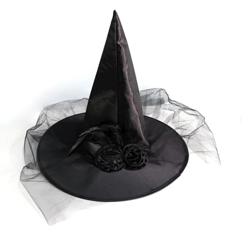 Anevous 1 Stück Rose Mesh Halloween Hexenhut, Hexenhüte für Erwachsene Karnevalshut Spitzhut, Hexen Zubehör Hexenhut Dress up Cosplay Kostüm Zubehör für Halloween Karneval, Verkleidung,Schwarz von Anevous