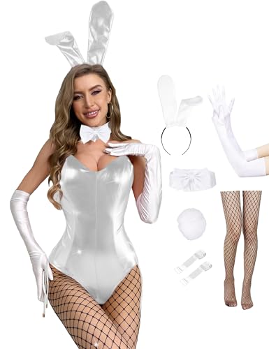 Angelaicos Damen Bunny Kostüm Set Senpai Cosplay Halloween Rollenspiel Bodysuit Strümpfe (PU Weiß, Größe L) von Angelaicos