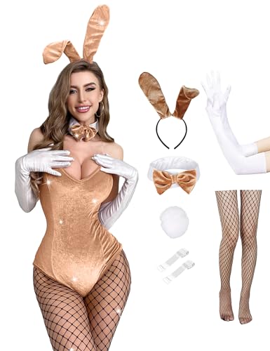 Angelaicos Damen Bunny Kostüm Set Senpai Cosplay Halloween Rollenspiel Bodysuit Strümpfe (Samtgelb, X-Large) von Angelaicos