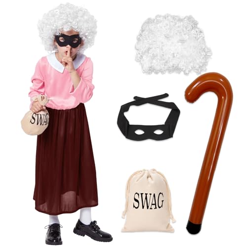 Angenster 5-teiliges Kostüm für alte Dame für Mädchen, Welttag Kostüme mit Räuberbrille und aufblasbarer Krücke, Großmutter Verkleidung für Welttag Outfit (Kinder, 110) von Angenster