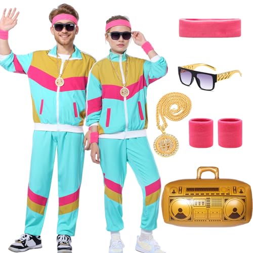 Angenster 80er Jahre Kostüm Herren Damen 80er 90er Jahre Muschelanzug Retro Dress Up 80er Jahre Disco Outfit mit Jacke Hose Schweißband Brille Ballon Halskette 90er Jahre Faschingskostüm für Karneval von Angenster