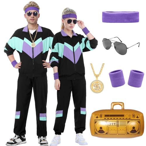 Angenster 80er Jahre Kostüm Herren Damen 80er 90er Jahre Muschelanzug Retro Dress Up 80er Jahre Disco Outfit mit Jacke Hose Schweißband Brille Ballon Halskette 90er Jahre Faschingskostüm für Karneval von Angenster