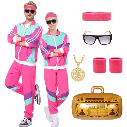 Angenster 80er Jahre Kostüm Herren Damen 80er 90er Jahre Muschelanzug Retro Dress Up 80er Jahre Disco Outfit mit Jacke Hose Schweißband Brille Ballon Halskette 90er Jahre Faschingskostüm für Karneval von Angenster